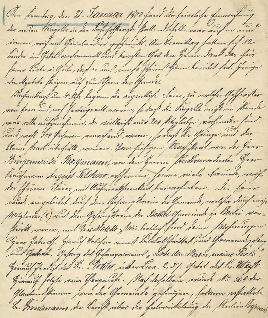 Scan des Protokolls zur Einweihung Kapelle 21.01.1900
